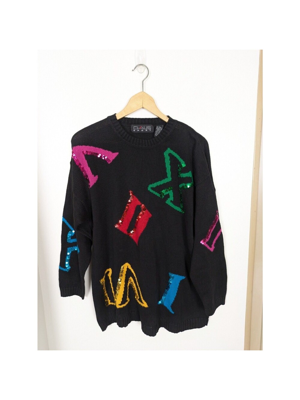 Chaus Sport Women's Large Black Sweater Sequin Letters Vintage Oversized 80s